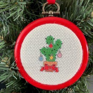 Handmade Christmas Cactus with Holiday Lights Cross Stitch Ornament - 3"